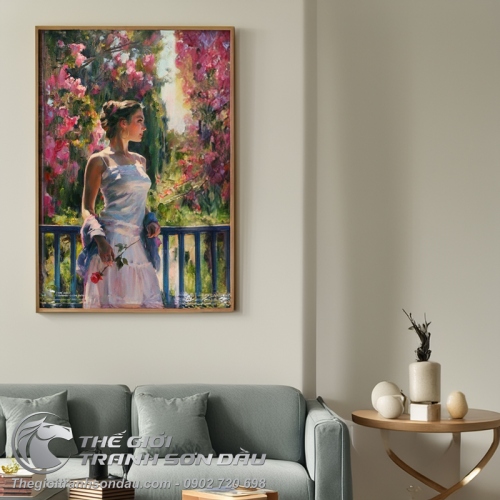 Tranh Sơn Dầu Vẽ Thiếu Nữ Cầm Hoa Hồng