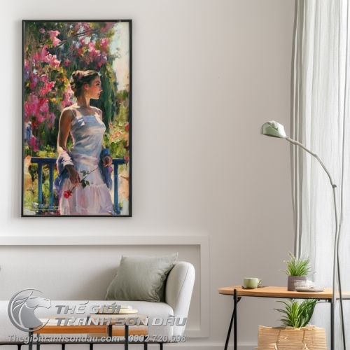 Tranh Sơn Dầu Vẽ Thiếu Nữ Cầm Hoa Hồng