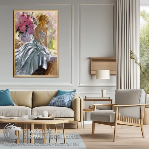 Tranh Sơn Dầu Vẽ Thiếu Nữ Mặc Đầm Trắng