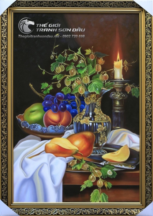 Tranh Sơn Dầu Vẽ Tĩnh Vật Hoa Quả và Nến