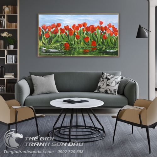 Tranh Sơn Dầu Vườn Hoa Tulip Màu Đỏ
