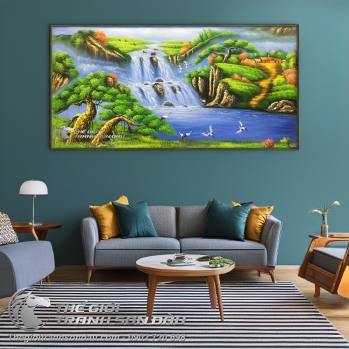 Tranh Sơn Thủy Hữu Tình Tùng Hạc và Thác Nước