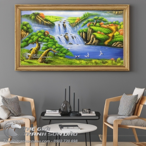 Tranh Sơn Thủy Hữu Tình Tùng Hạc và Thác Nước