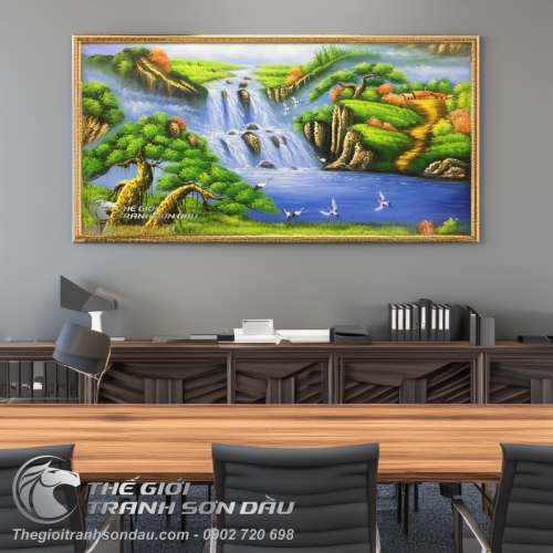 Tranh Sơn Thủy Hữu Tình Tùng Hạc và Thác Nước