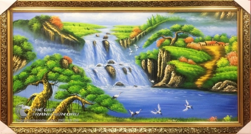 Tranh Sơn Thủy Hữu Tình Tùng Hạc và Thác Nước