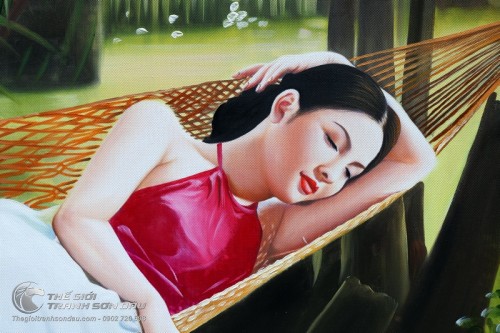 Tranh Thiếu Nữ Mặc Áo Yếm Nằm Võng Ngủ Trưa Thanh Bình