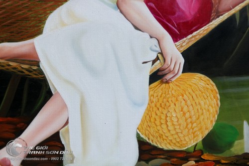 Tranh Thiếu Nữ Mặc Áo Yếm Nằm Võng Ngủ Trưa Thanh Bình