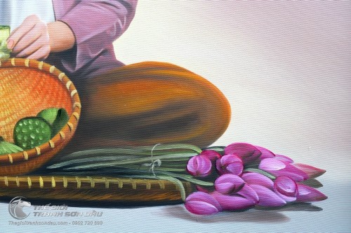 Tranh Thiếu Nữ Mặc Áo Yếm Tách Đài Sen