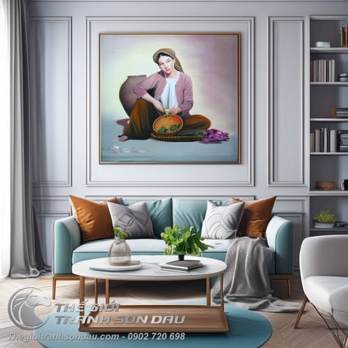 Tranh Thiếu Nữ Mặc Áo Yếm Tách Đài Sen