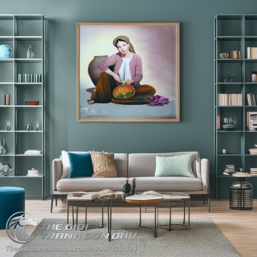 Tranh Thiếu Nữ Mặc Áo Yếm Tách Đài Sen