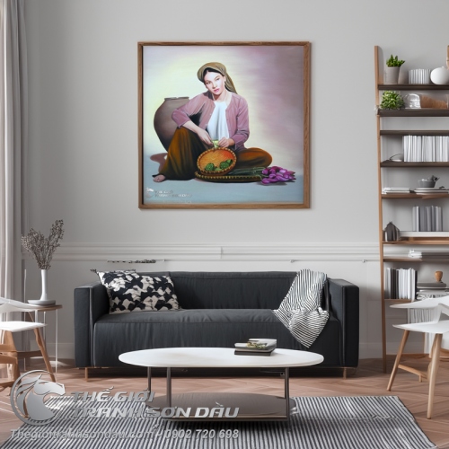 Tranh Thiếu Nữ Mặc Áo Yếm Tách Đài Sen