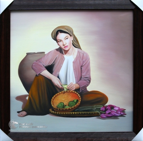 Tranh Thiếu Nữ Mặc Áo Yếm Tách Đài Sen