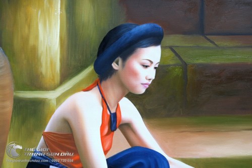 Tranh Thiếu Nữ Việt Nam Mặc Áo Yếm Vo Gạo Rửa Rau