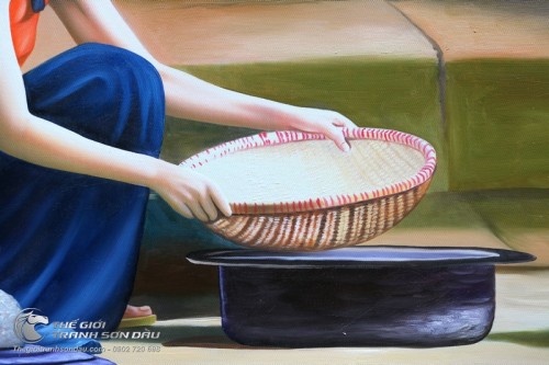 Tranh Thiếu Nữ Việt Nam Mặc Áo Yếm Vo Gạo Rửa Rau