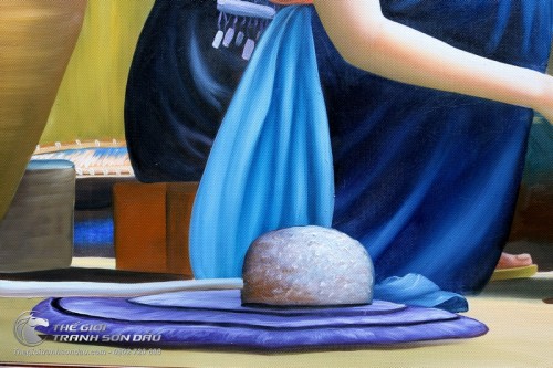 Tranh Thiếu Nữ Việt Nam Mặc Áo Yếm Vo Gạo Rửa Rau