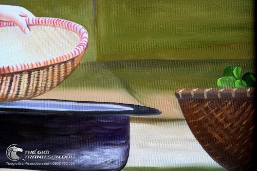 Tranh Thiếu Nữ Việt Nam Mặc Áo Yếm Vo Gạo Rửa Rau