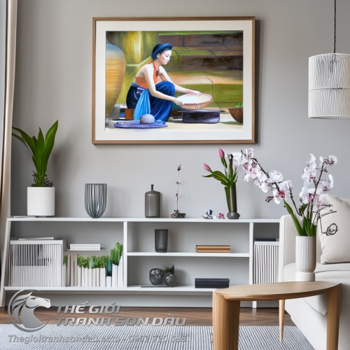 Tranh Thiếu Nữ Việt Nam Mặc Áo Yếm Vo Gạo Rửa Rau