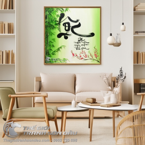 Tranh Thư Pháp Chữ Lộc Trúc Và Hoa Đào