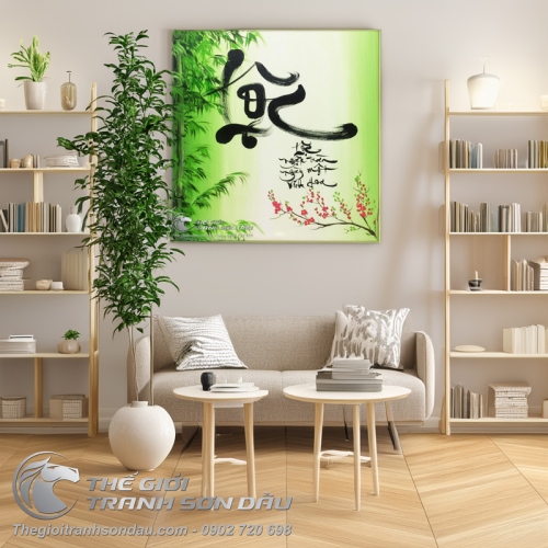 Tranh Thư Pháp Chữ Lộc Trúc Và Hoa Đào