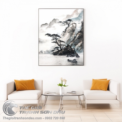 Tranh Thủy Mặc Cây Tùng Trên Đỉnh Núi