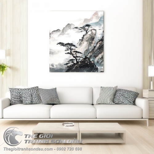 Tranh Thủy Mặc Cây Tùng Trên Đỉnh Núi