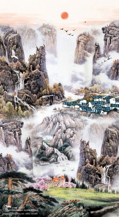 Tranh Thủy Mạc Cuộc Sống Bình Yên Núi Cao