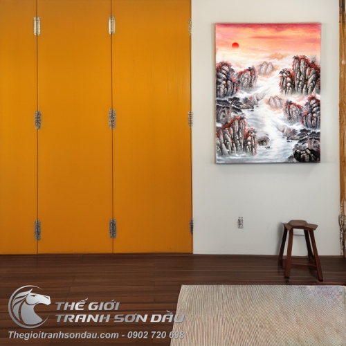 Tranh Thủy Mạc Hoàng Hôn Trên Núi Đỏ