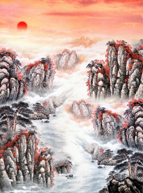 Tranh Thủy Mạc Hoàng Hôn Trên Núi Đỏ