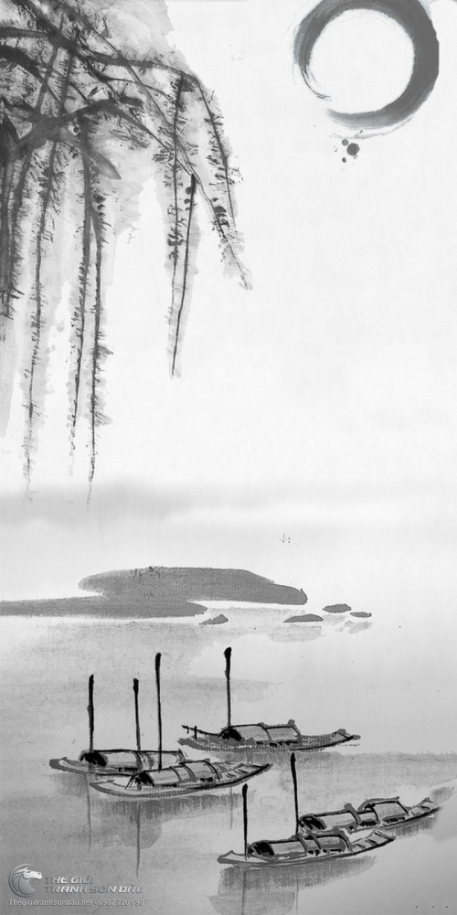 Tranh Thủy Mạc Phong Cảnh Sông Nước Bình Yên