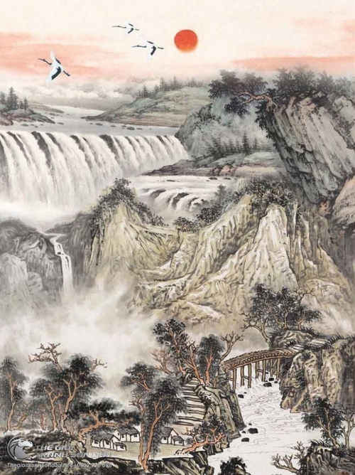 Tranh Thủy Mạc Thác Đá Hoang Sơ Hạc Về