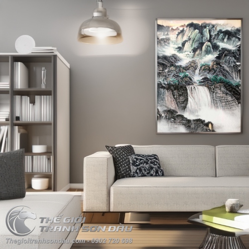 Tranh Thủy Mạc Thác Đổ Núi Cao Trùng Điệp