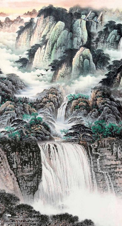 Tranh Thủy Mạc Thác Đổ Núi Cao Trùng Điệp