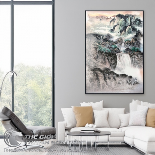 Tranh Thủy Mạc Thác Đổ Núi Cao Trùng Điệp