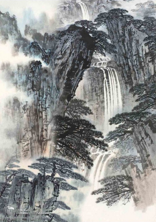 Tranh Thủy Mạc Thác Đổ Từ Đỉnh Núi Cao