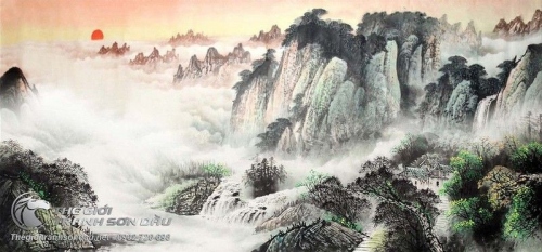 Tranh Thủy Mặc Vách Đá Trong Ánh Bình Minh