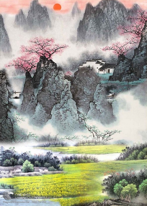 Tranh Thủy Mạc Xuân Về Trên Vách Đá