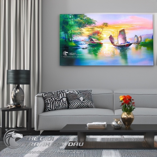 Tranh Thuyền Buồm Lênh Đênh Trên Mặt Hồ Xanh