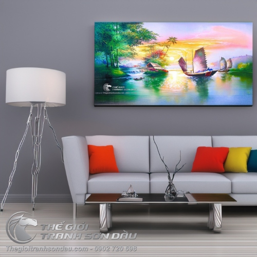 Tranh Thuyền Buồm Lênh Đênh Trên Mặt Hồ Xanh