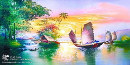 Tranh Thuyền Buồm Lênh Đênh Trên Mặt Hồ Xanh