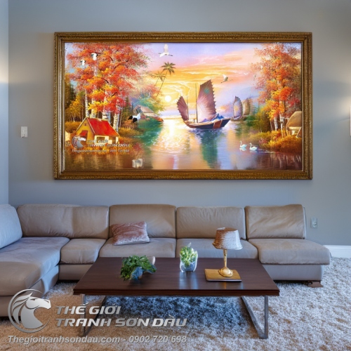 Tranh Thuyền Buồm Và Hàng Cây Lá Phong Đỏ