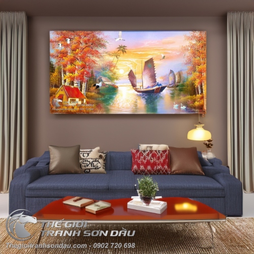 Tranh Thuyền Buồm Và Hàng Cây Lá Phong Đỏ