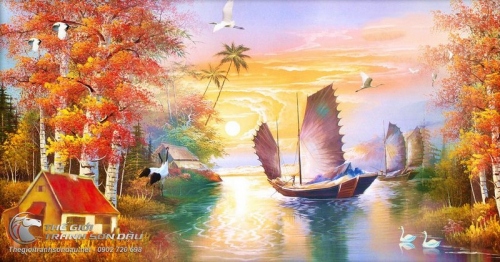 Tranh Thuyền Buồm Và Hàng Cây Lá Phong Đỏ