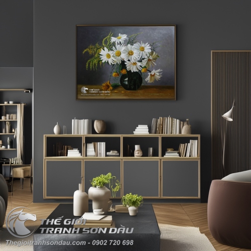 Tranh Tĩnh Vật Bình Hoa Cúc Trắng