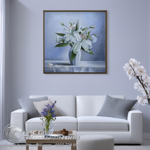 Tranh Tĩnh Vật Bình Hoa Trắng Tinh Khiết
