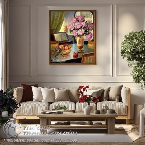 Tranh Tĩnh Vật Hoa Cúc Bên Giỏ Trái Cây