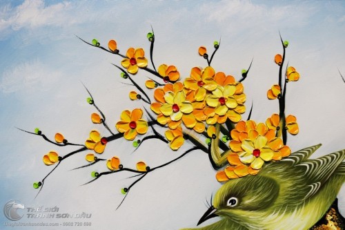 Tranh Tổ Chim Hạnh Phúc Trên Gốc Mai Vàng Vẽ Tay Sơn Dầu 100%