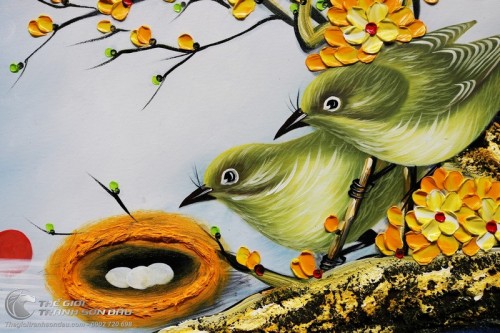 Tranh Tổ Chim Hạnh Phúc Trên Gốc Mai Vàng Vẽ Tay Sơn Dầu 100%