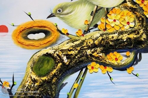 Tranh Tổ Chim Hạnh Phúc Trên Gốc Mai Vàng Vẽ Tay Sơn Dầu 100%