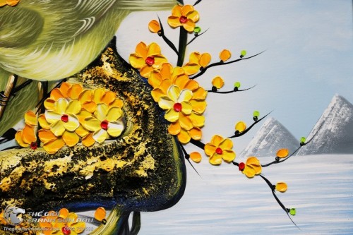 Tranh Tổ Chim Hạnh Phúc Trên Gốc Mai Vàng Vẽ Tay Sơn Dầu 100%