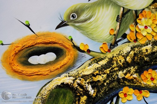 Tranh Tổ Chim Hạnh Phúc Trên Gốc Mai Vàng Vẽ Tay Sơn Dầu 100%